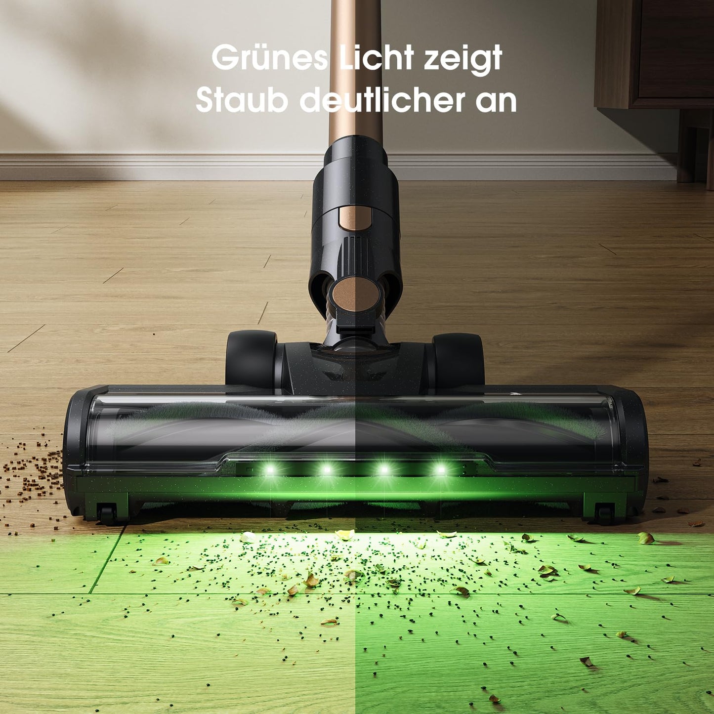 MIUZZY P2 Akku Staubsauger, 30kPa kabellos mit Anti-Verwicklungsbürste & grüner Beleuchtung, selbststehend für Tierhaare, Teppiche & Böden