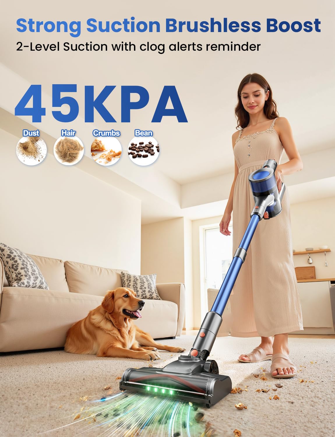 Dzaki 45000Pa Akku Staubsauger kabellos mit Smart Display, Standfunktion, langer Laufzeit & Anti-Verhedderungsbürste für Teppich, Böden & Tierhaare