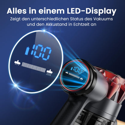 Akku Staubsauger 30000Pa, 55 Min Laufzeit, Kabellos mit Touchscreen & Anti-Tangle-Bürste, Stiel- & Handstaubsauger für Tierhaare, Teppich, Böden