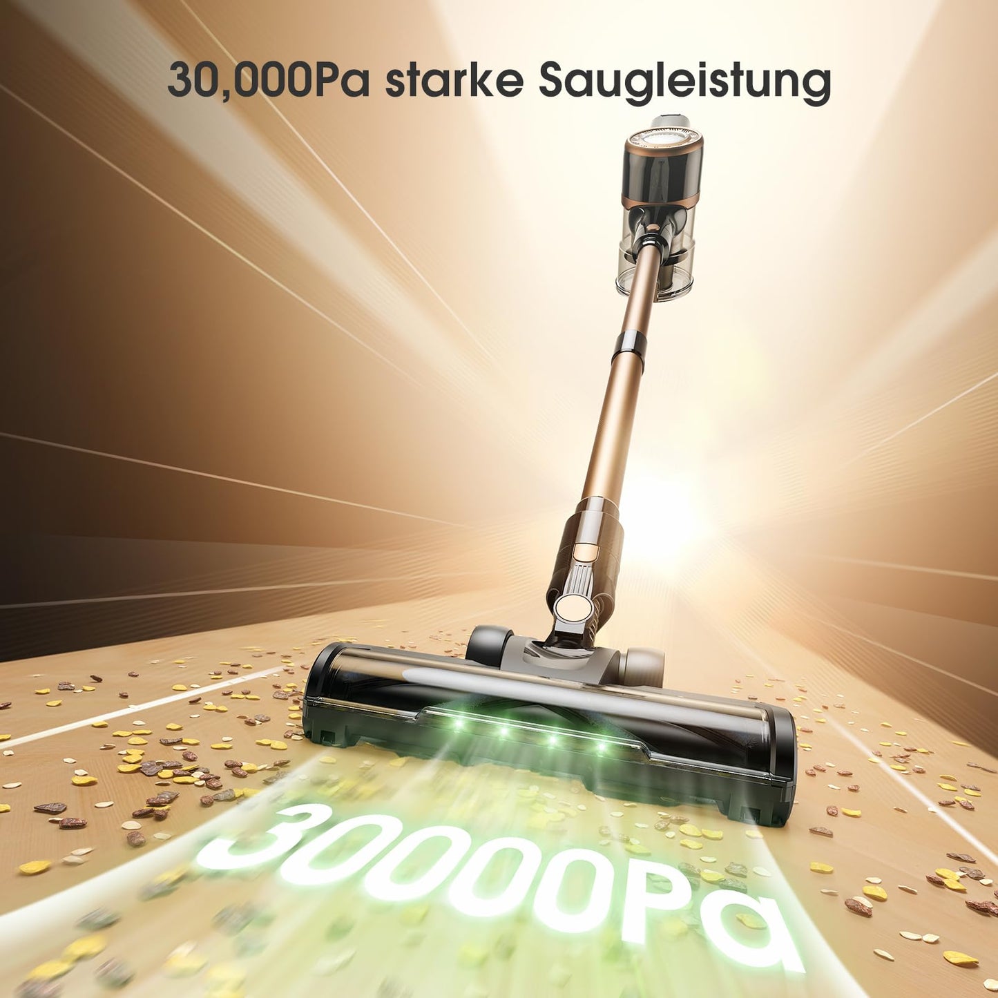 MIUZZY P2 Akku Staubsauger, 30kPa kabellos mit Anti-Verwicklungsbürste & grüner Beleuchtung, selbststehend für Tierhaare, Teppiche & Böden