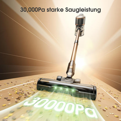 MIUZZY P2 Akku Staubsauger, 30kPa kabellos mit Anti-Verwicklungsbürste & grüner Beleuchtung, selbststehend für Tierhaare, Teppiche & Böden