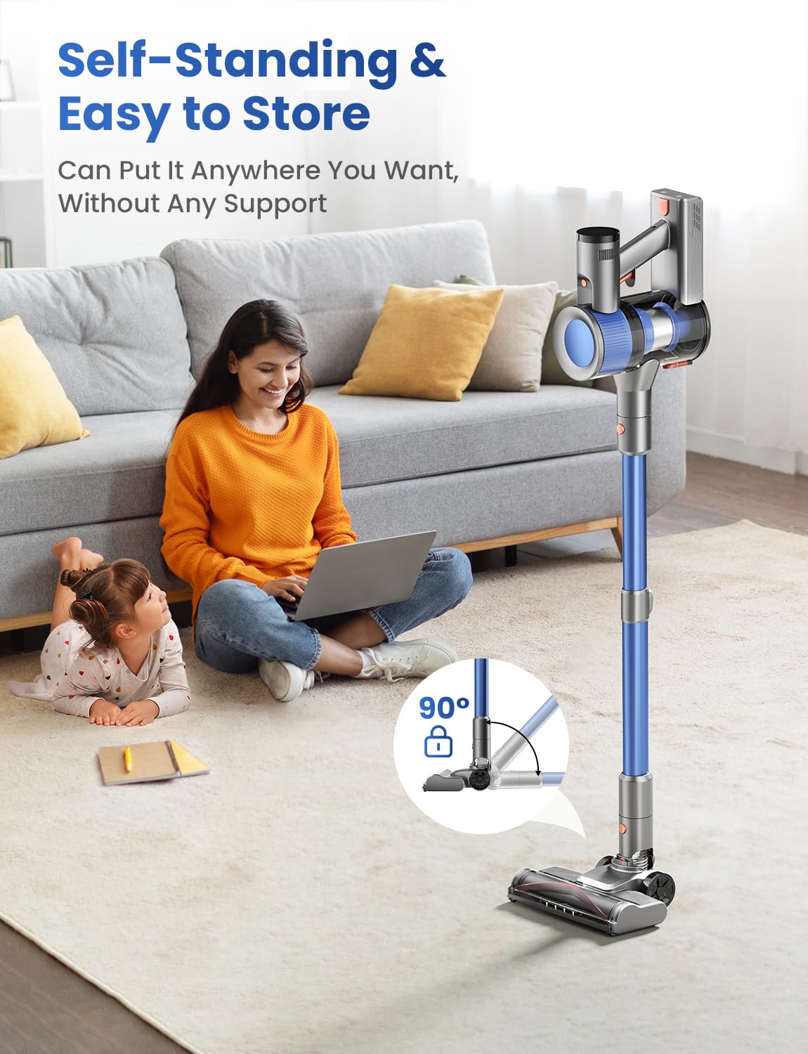 Dzaki 45000Pa Akku Staubsauger kabellos mit Smart Display, Standfunktion, langer Laufzeit & Anti-Verhedderungsbürste für Teppich, Böden & Tierhaare