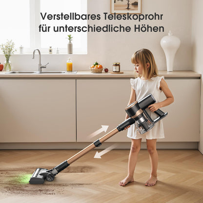 MIUZZY P2 Akku Staubsauger, 30kPa kabellos mit Anti-Verwicklungsbürste & grüner Beleuchtung, selbststehend für Tierhaare, Teppiche & Böden