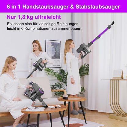 Akku Staubsauger, 25000Pa/175W/50Min Staubsauger Kabellos, Anti-Tangle-Bürste und Selbststehend, Ultraleichter Handstaubsauger akku vacuum cleaner Stielstaubsauger für Teppichen, Hartboden, Tierhaare