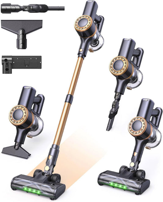 MIUZZY P2 Akku Staubsauger, 30kPa kabellos mit Anti-Verwicklungsbürste & grüner Beleuchtung, selbststehend für Tierhaare, Teppiche & Böden