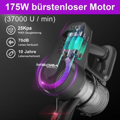 Akku Staubsauger, 25000Pa/175W/50Min Staubsauger Kabellos, Anti-Tangle-Bürste und Selbststehend, Ultraleichter Handstaubsauger akku vacuum cleaner Stielstaubsauger für Teppichen, Hartboden, Tierhaare