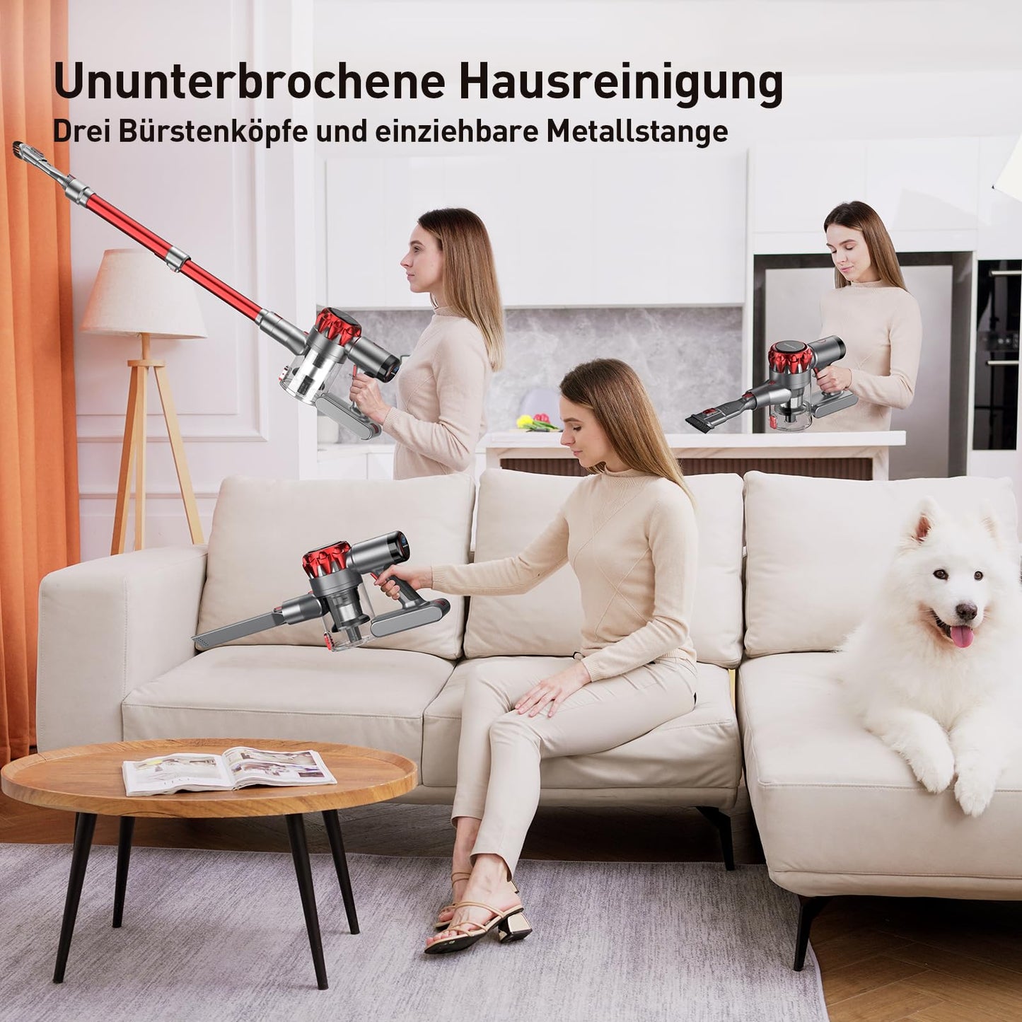 Akku Staubsauger 30000Pa, 55 Min Laufzeit, Kabellos mit Touchscreen & Anti-Tangle-Bürste, Stiel- & Handstaubsauger für Tierhaare, Teppich, Böden