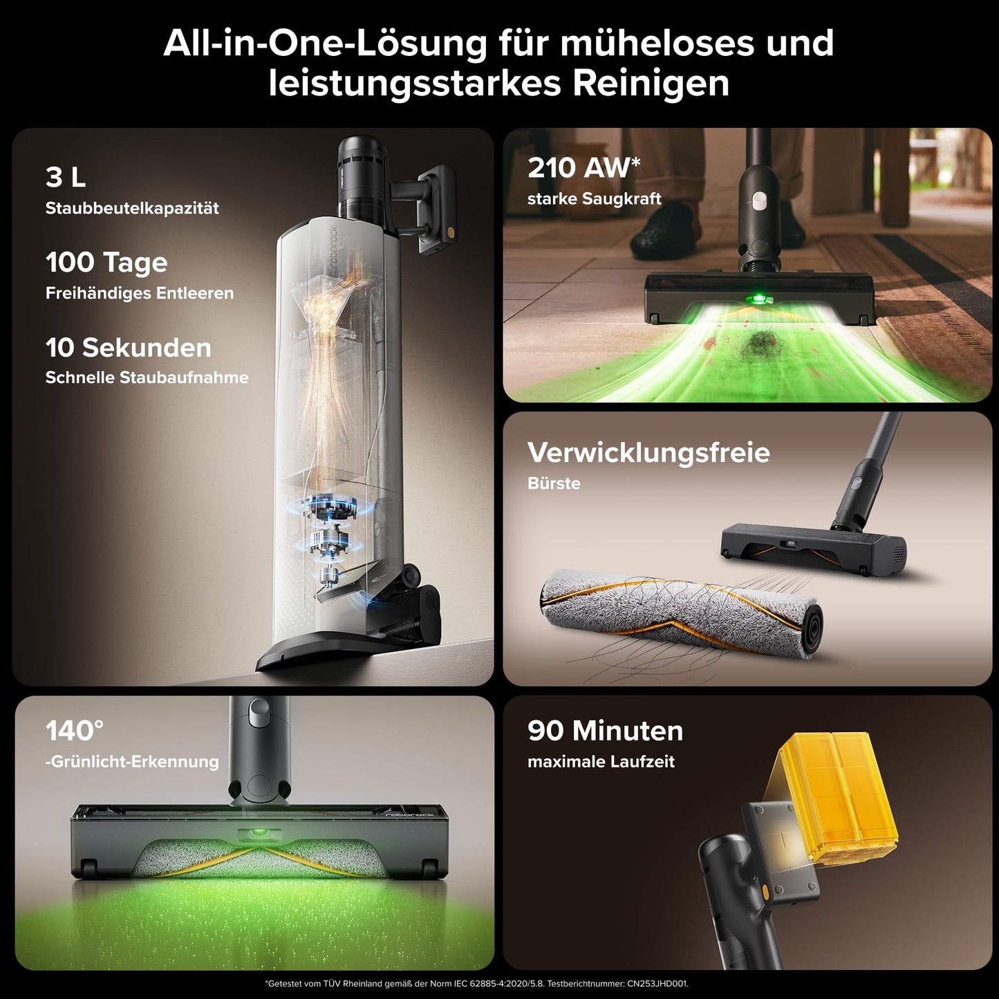 Roborock H60 Hub Ultra Akku Staubsauger mit Auto-Entleerung, 210AW, 90 Min Laufzeit, Anti-Tangle Bürste, LED-Staubdetektion