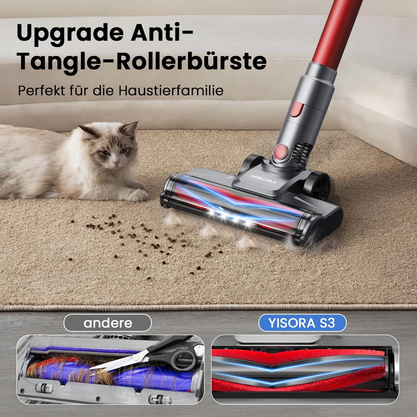 Akku Staubsauger 30000Pa, 55 Min Laufzeit, Kabellos mit Touchscreen & Anti-Tangle-Bürste, Stiel- & Handstaubsauger für Tierhaare, Teppich, Böden